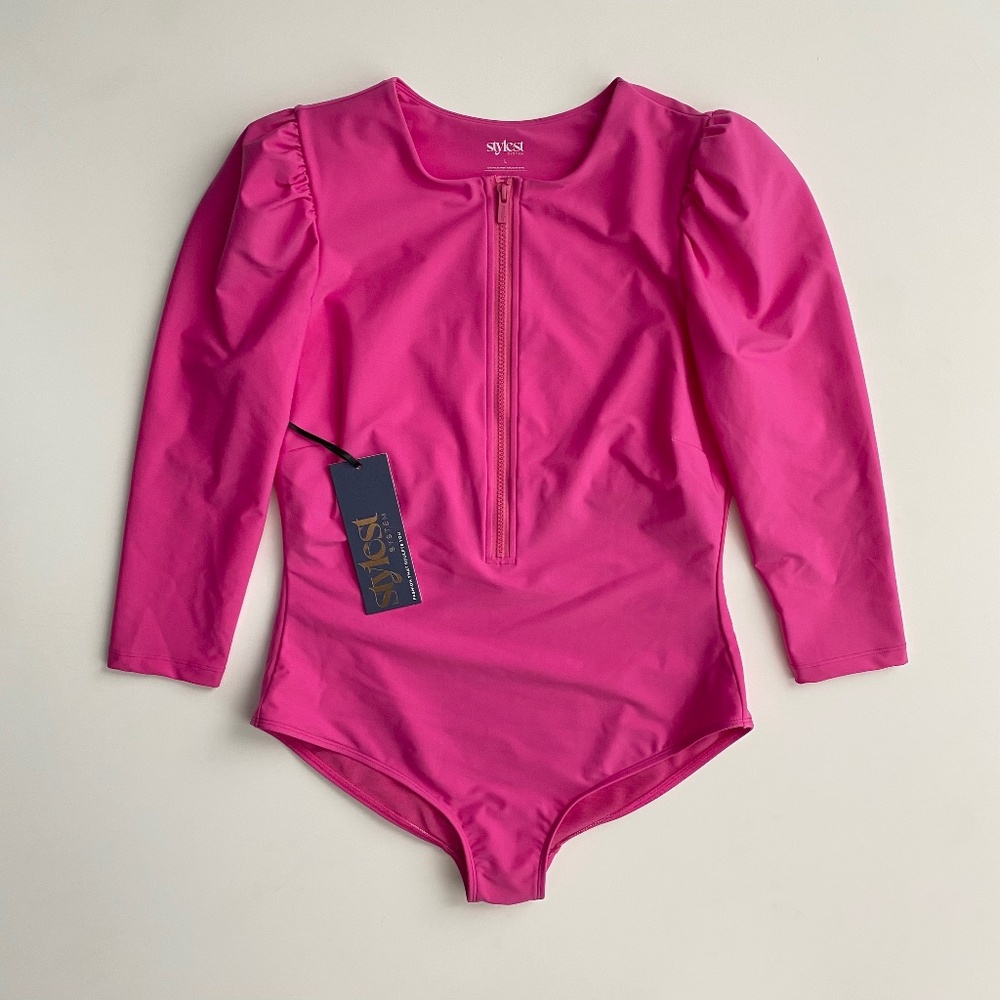 Stylest Nwt Dreamsculpt Puff Sleeve Zip One Piece Ultra Pink Swimsuit